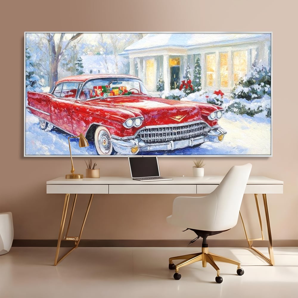 Tablou canvas cu tablou canvas cu masina vintage rosie iarna, in rama de aluminiu argintiu, pe perete intr-un birou